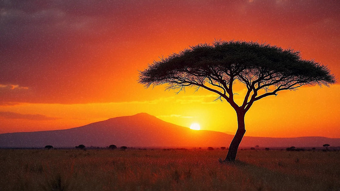 Sabana africana al atardecer con acacia solitaria