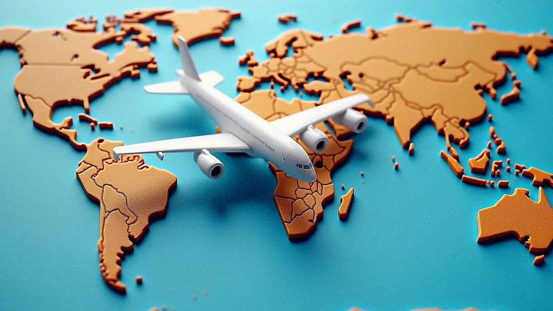 Avión comercial volando sobre mapamundi físico
