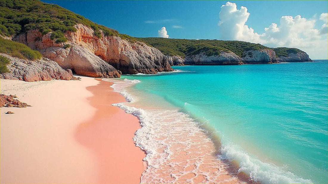 Playa de arena rosa con agua turquesa en Bermudas