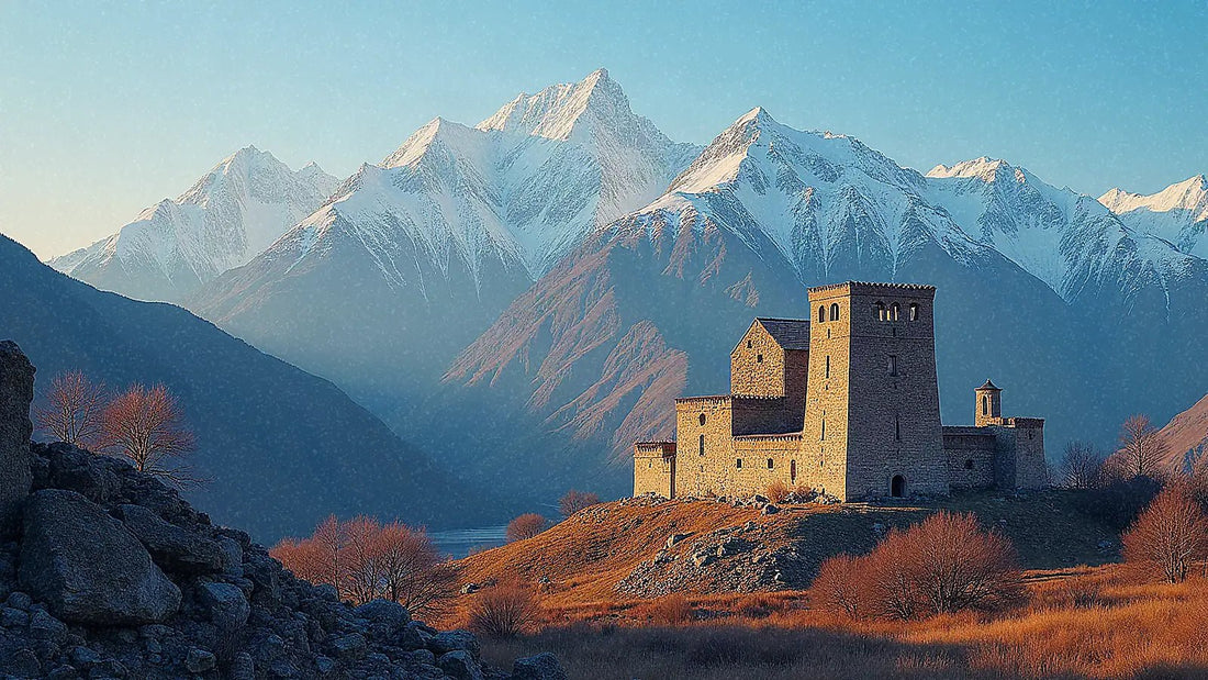 Montañas del Cáucaso con arquitectura tradicional