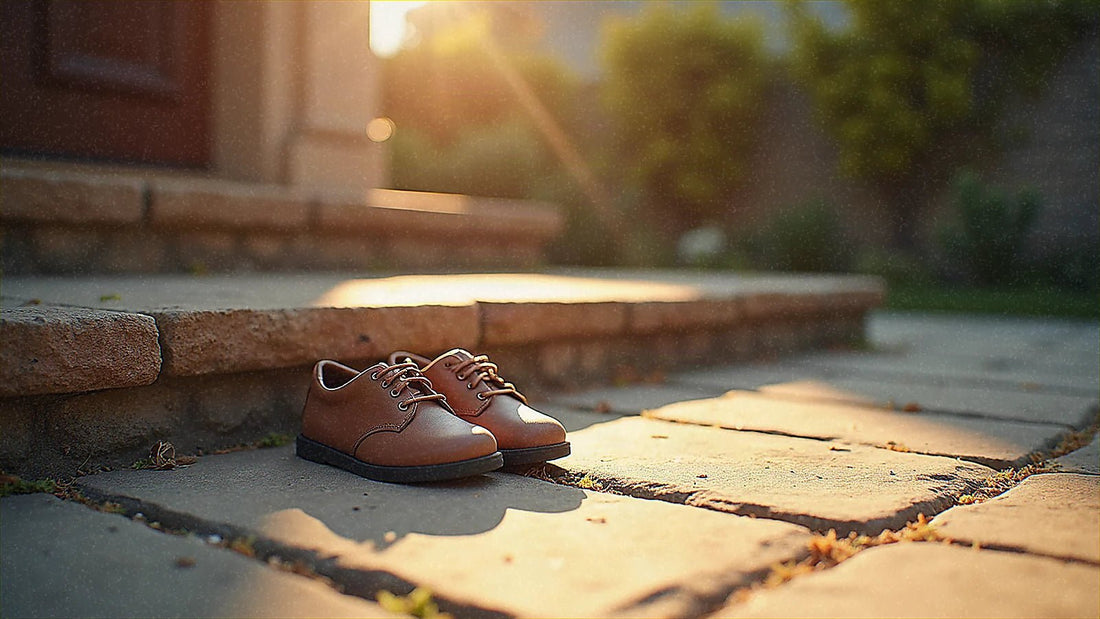 Zapatos pequeños en el escalón de una puerta