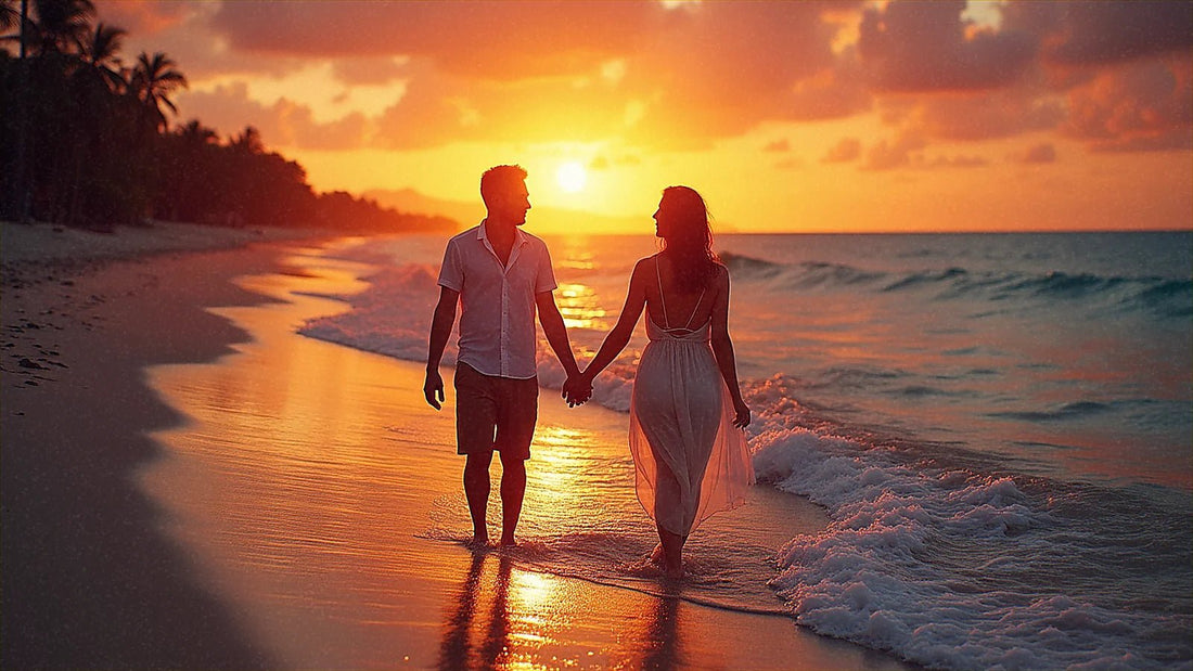 Pareja contemplando la puesta de sol en una playa tropical