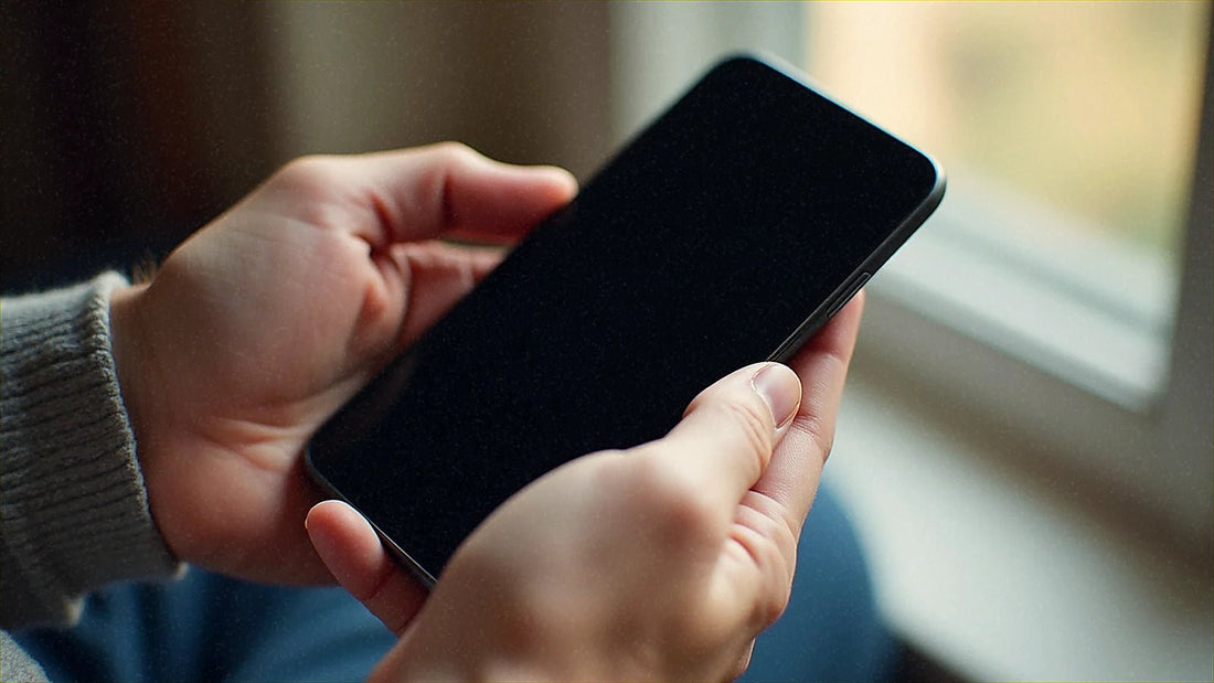 Manos de persona mayor sujetando un teléfono con pantalla apagada