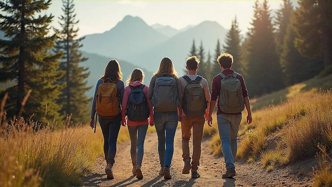 Grupo de amigos caminando juntos por sendero de montaña