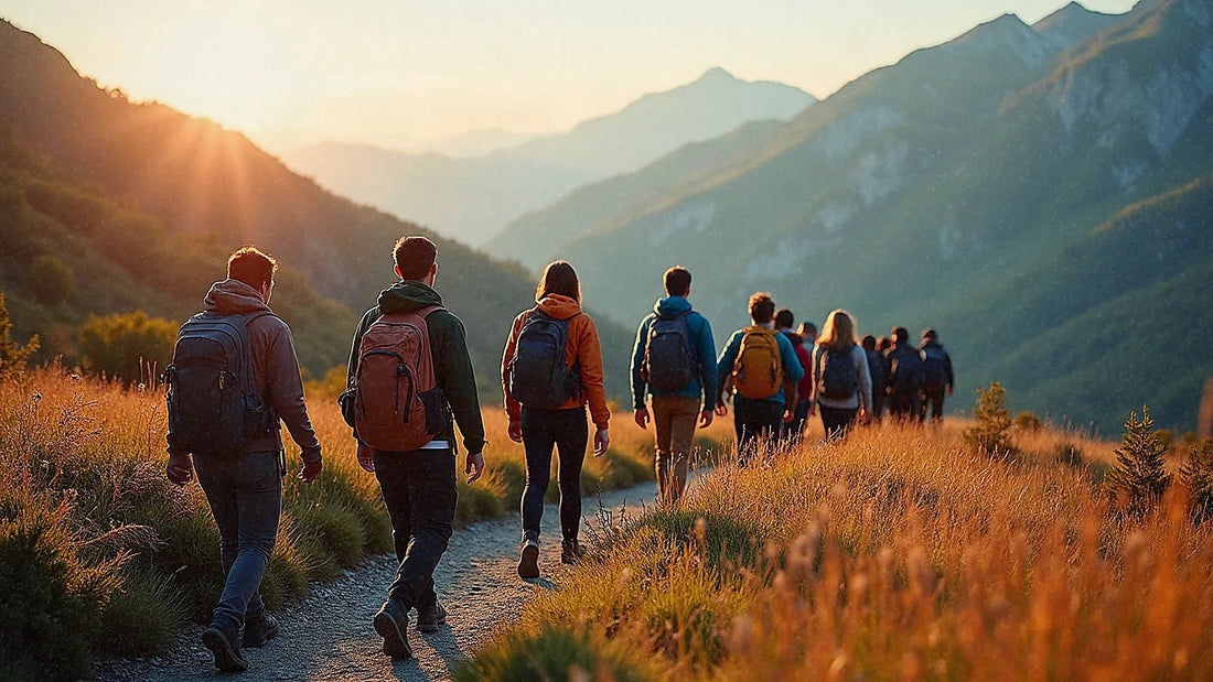 Grupo de viajeros caminando por paisaje montañoso