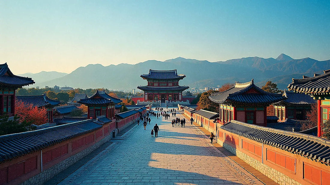Palacio Gyeongbokgung en Seúl con montañas al fondo