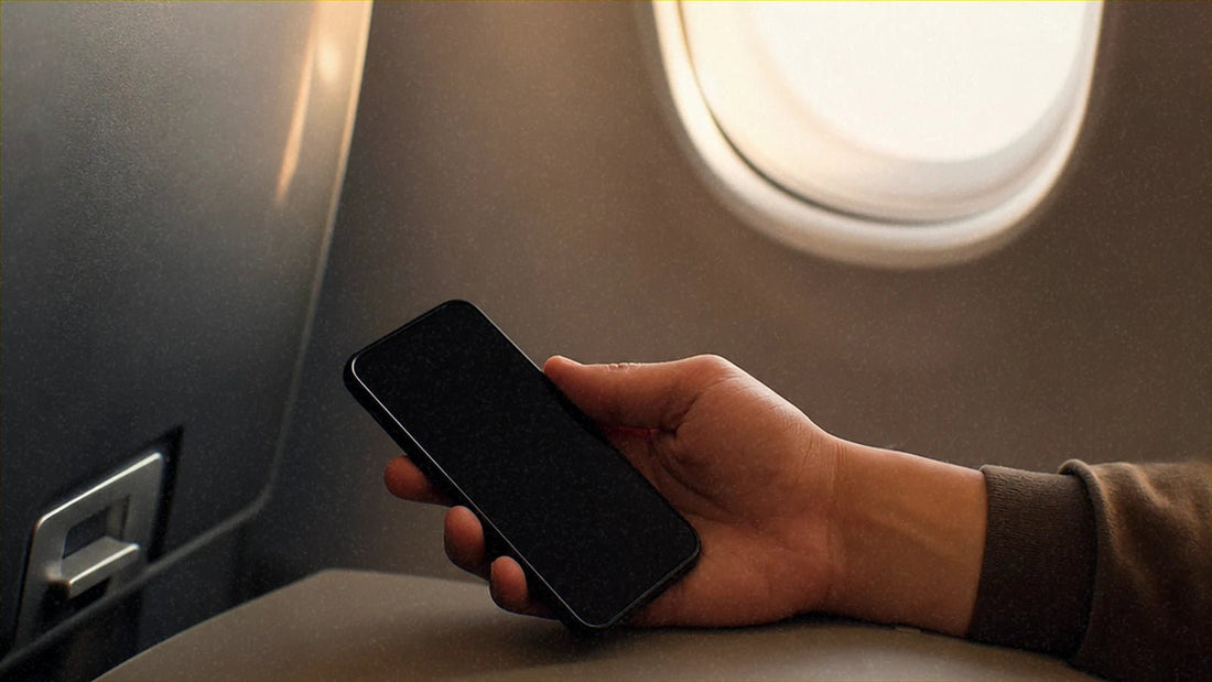 飛行機の窓側のテーブルに置かれた電源オフのスマートフォンを持つ手