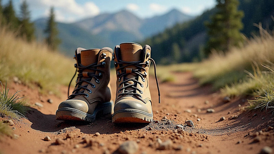 Botas de senderismo gastadas sobre camino de tierra