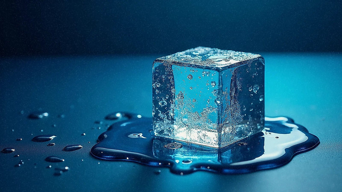 Cubito de hielo derritiéndose con gotas de agua