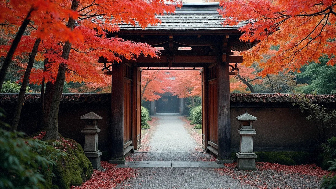 紅葉したカエデの間にある日本の寺院の木製の門