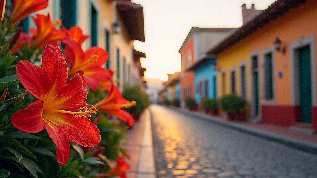 Calle vibrante con arquitectura colonial latinoamericana