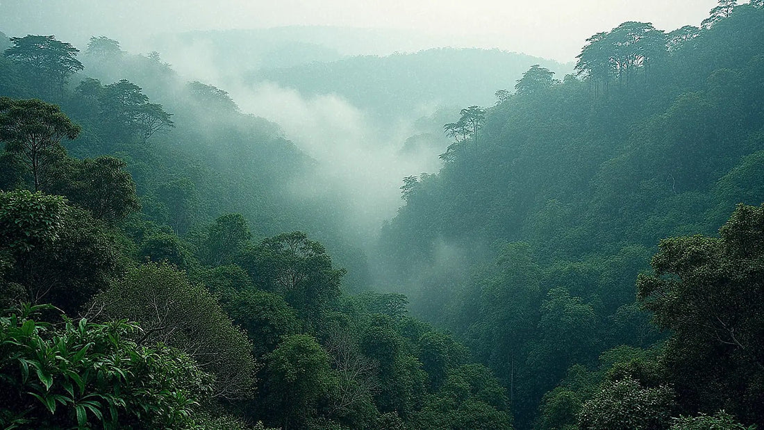 Dosel de selva tropical malasia con niebla