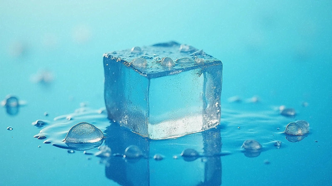 Cubito de hielo derritiéndose sobre superficie azul