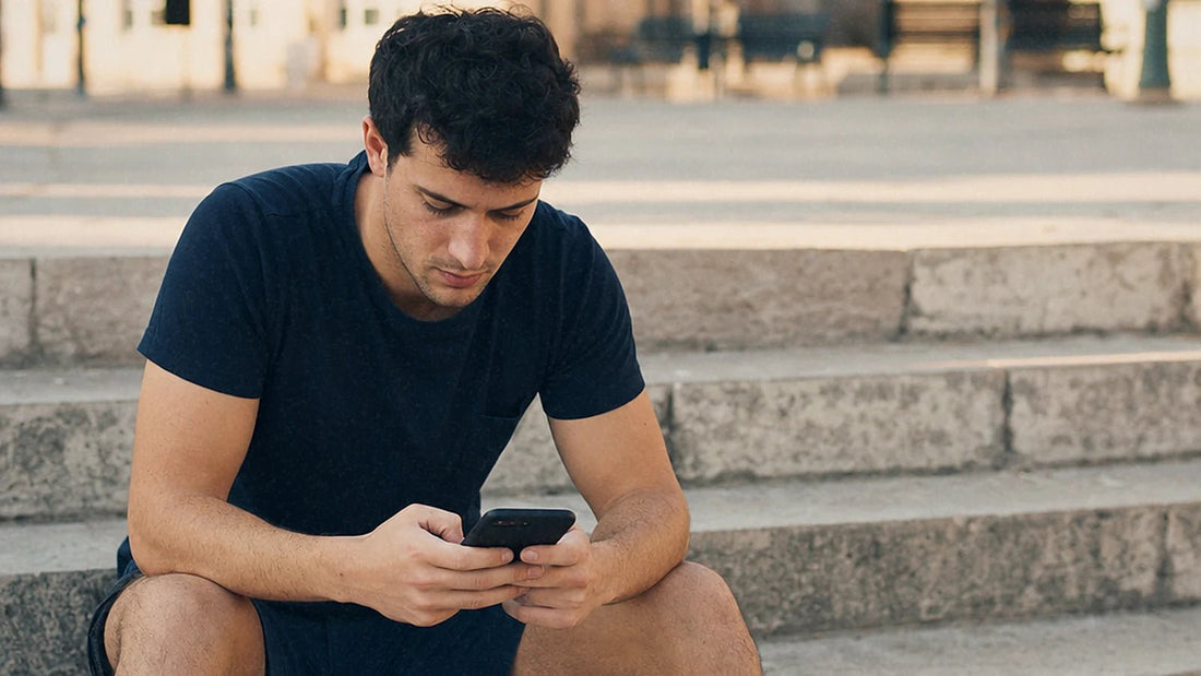 石段に座ってスマホでメッセージを打っている若者です。