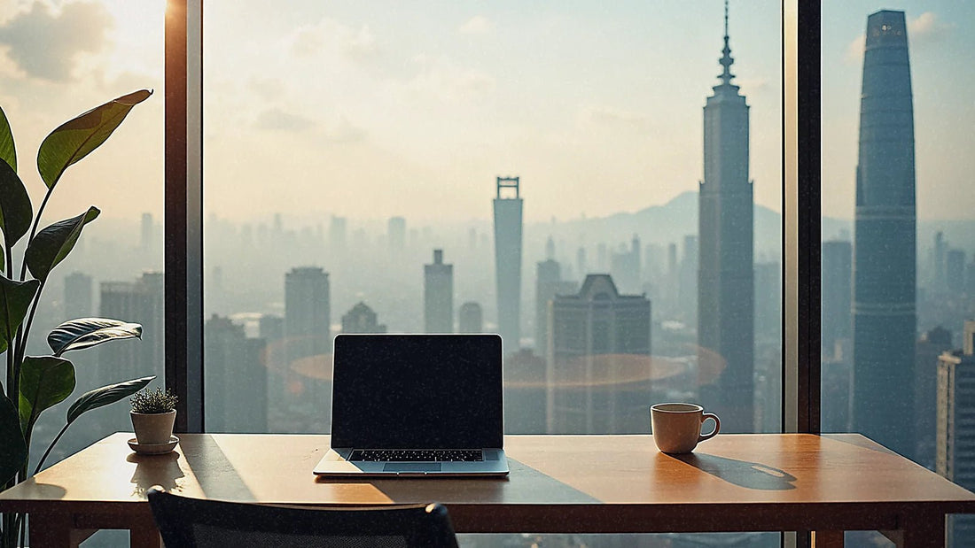 Espacio de trabajo moderno con vistas a rascacielos asiáticos