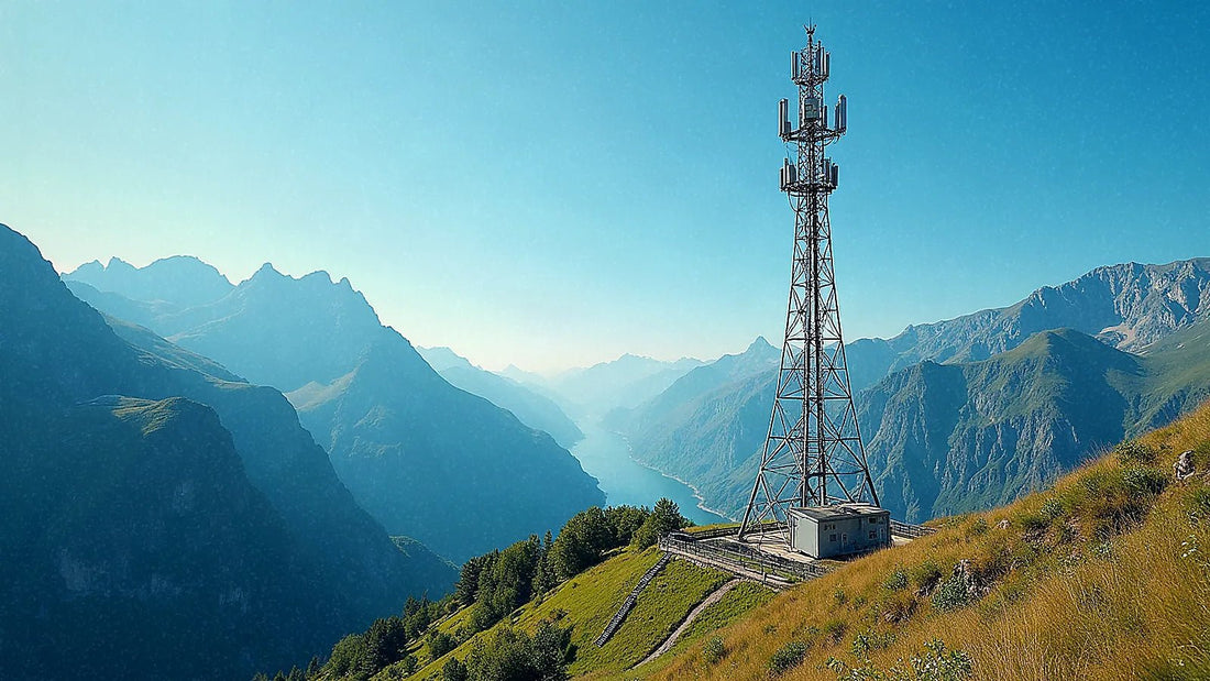 Torre de telecomunicaciones en valle montañoso remoto
