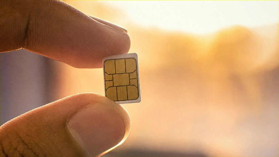 逆光で2本の指に挟まれたnano-SIMカードの接写
