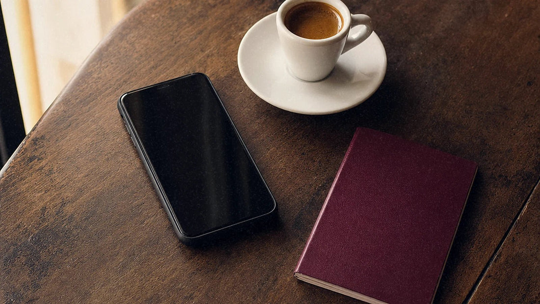 木製のテーブルの上にパスポートとコーヒーと共に置かれた電源オフのスマートフォン