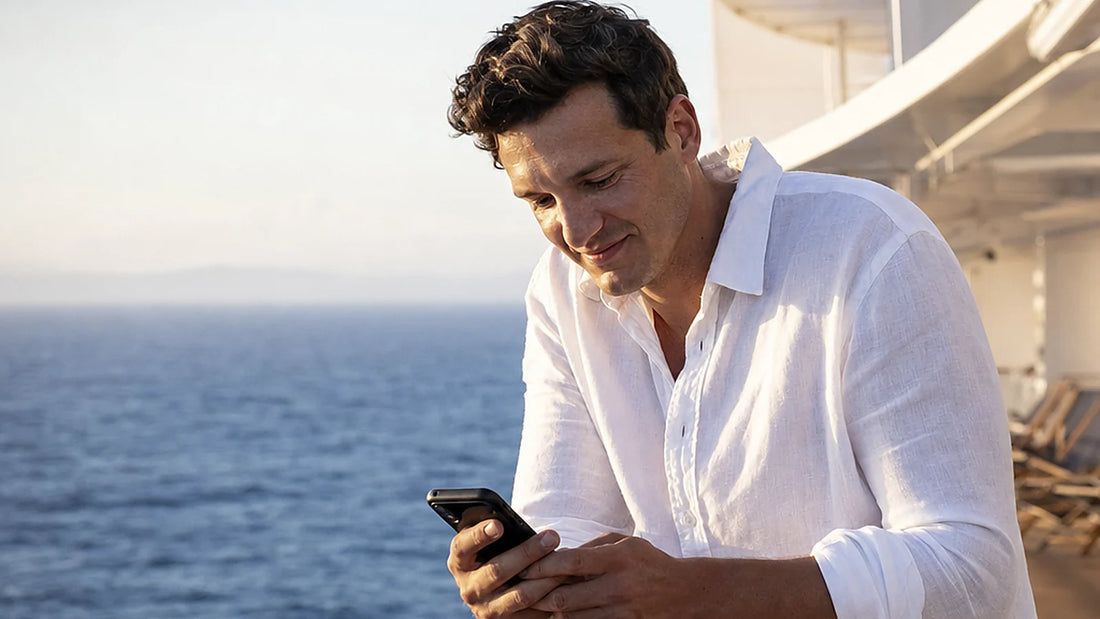 Pasajero mirando el movil apoyado en la barandilla de la cubierta de un crucero en alta mar