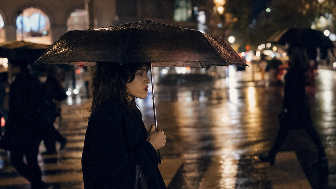 夜の雨に濡れる街並み。傘と反射光が印象的