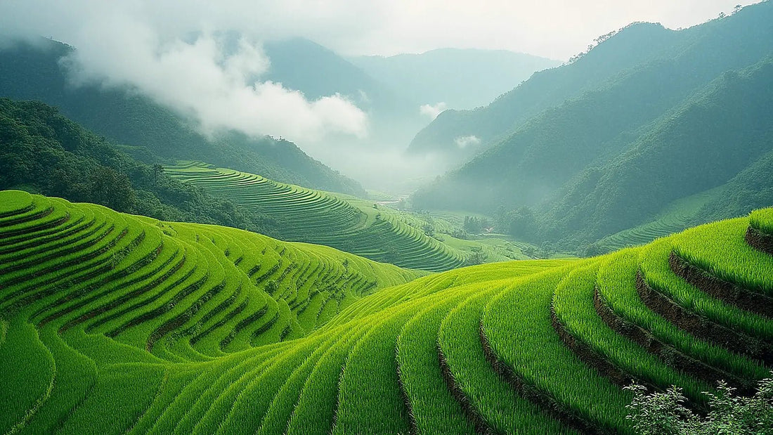 Terrazas de arroz verdes en montañas asiáticas