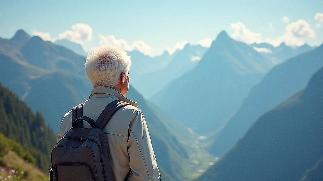 Viajero senior contemplando paisaje montañoso