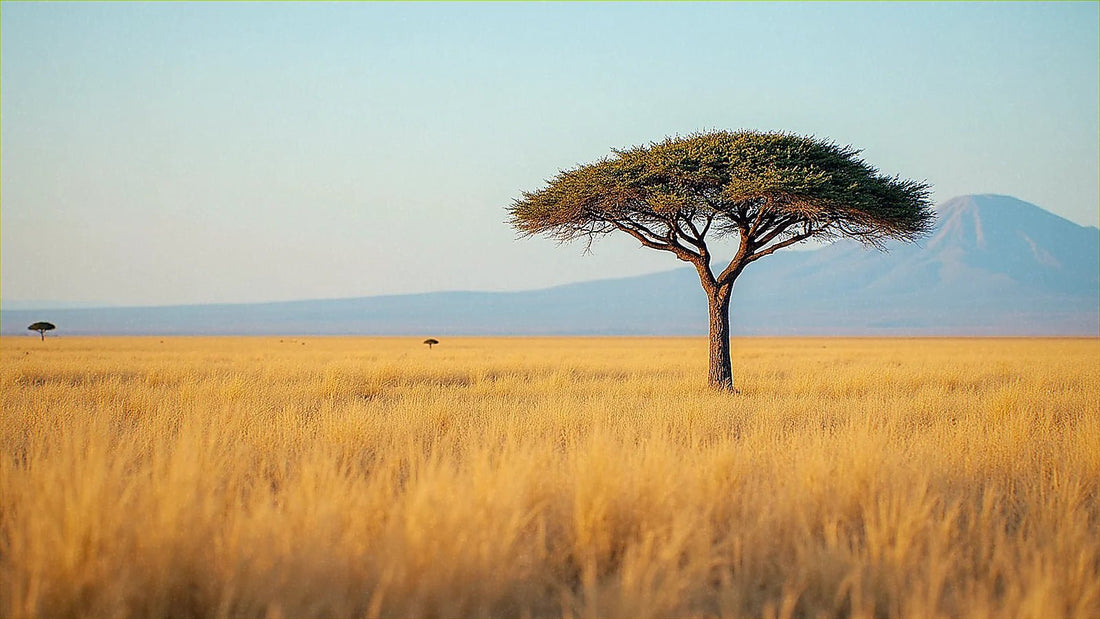 Llanura del Serengueti con acacia solitaria bajo cielo azul