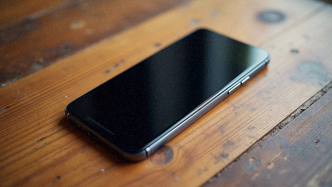 Teléfono móvil apagado sobre mesa de madera