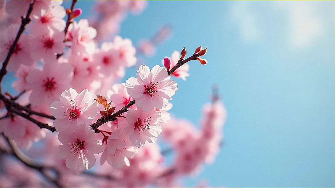 Cerezos en flor bajo cielo azul de primavera