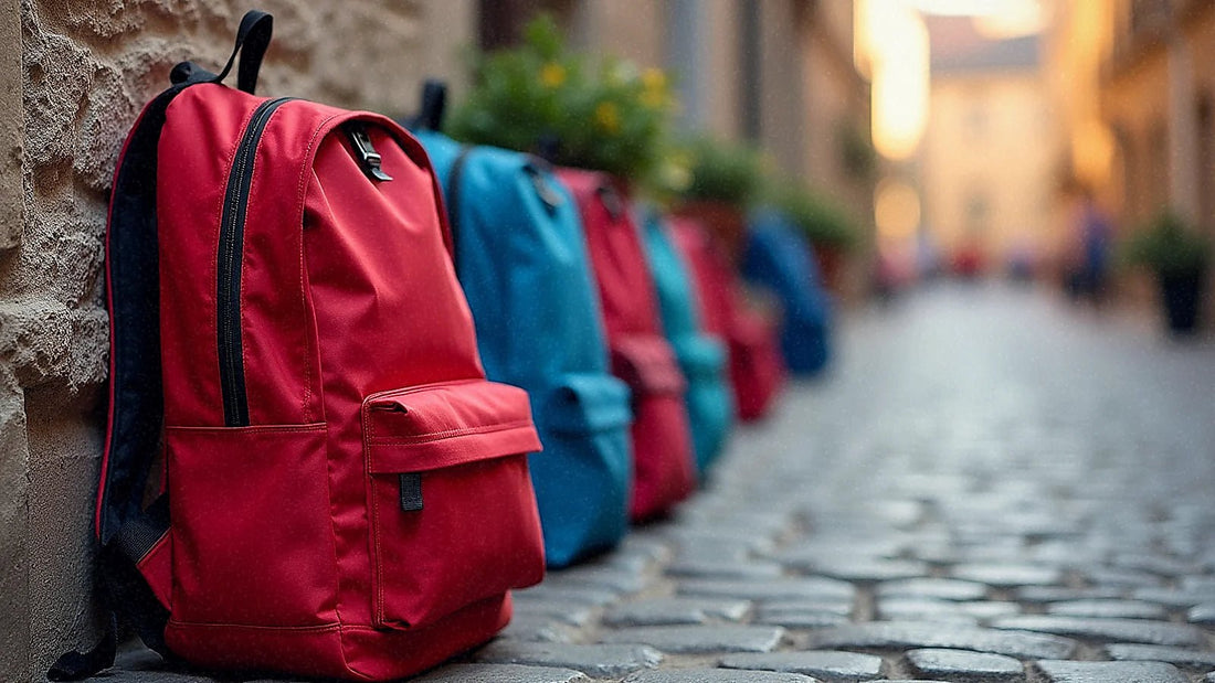 Mochilas de estudiantes en calle europea