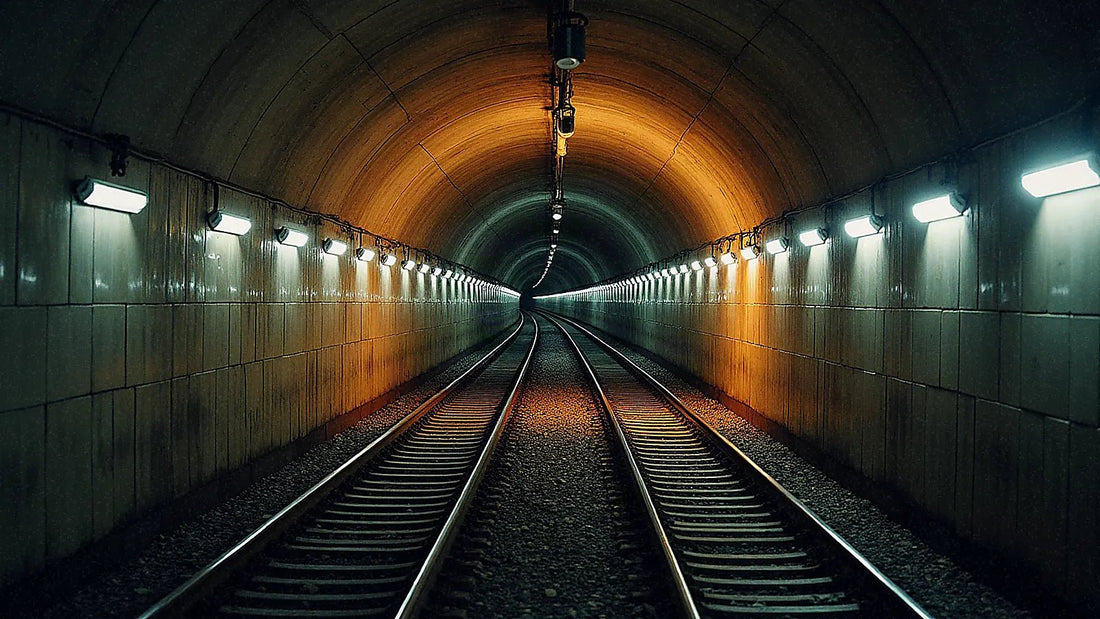 Túnel de metro vacío con vías curvas iluminadas