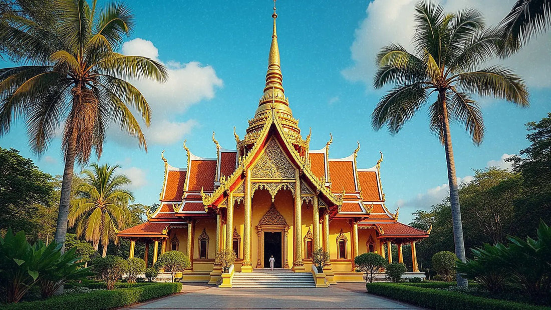 Templo dorado tradicional rodeado de vegetación tropical