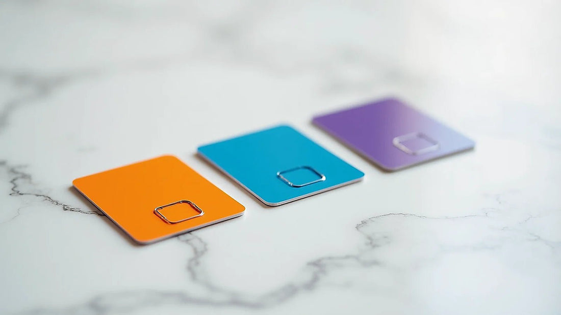 Tres tarjetas SIM sobre superficie neutra