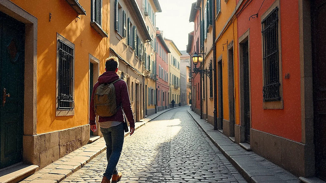 Turista caminando por calle estrecha europea