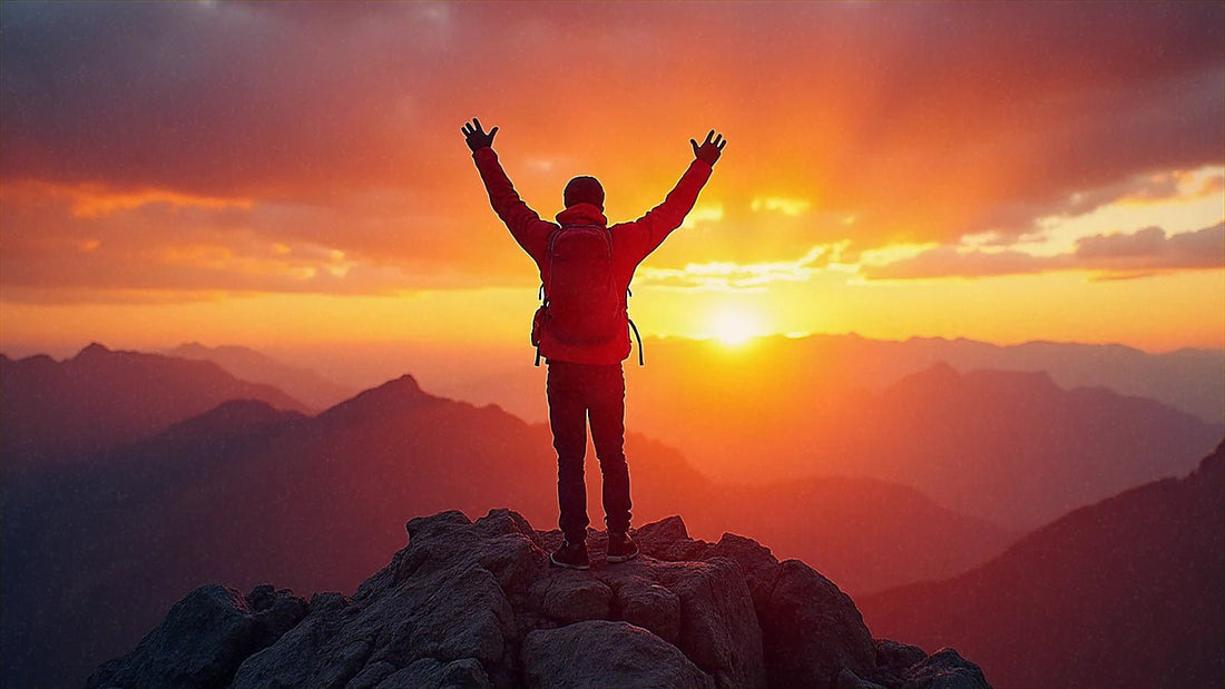 Mochilero en la cima de una montaña al atardecer