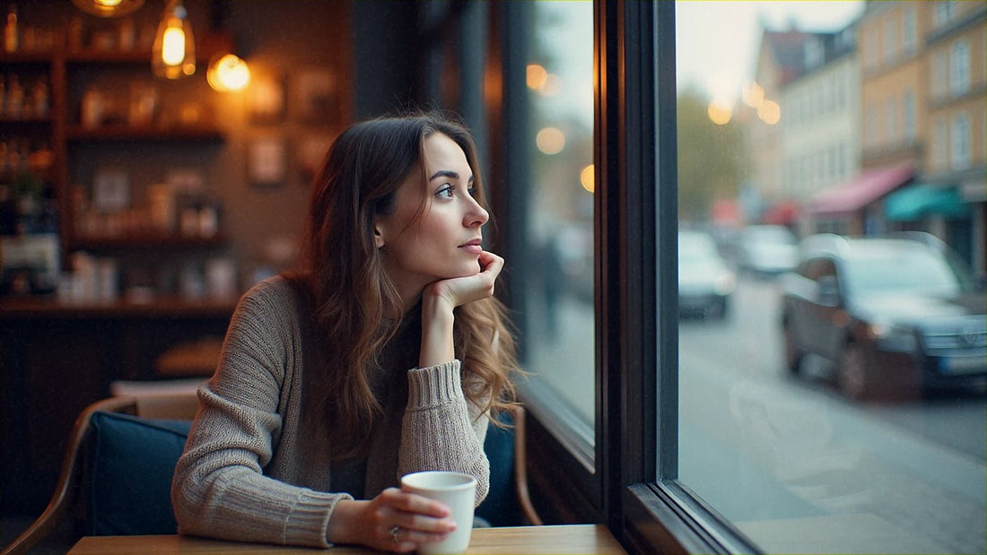 カフェの窓際でコーヒーを片手に物思いにふける女性