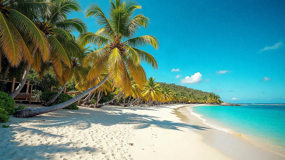 Playa tropical con arena blanca y palmeras en Martinica
