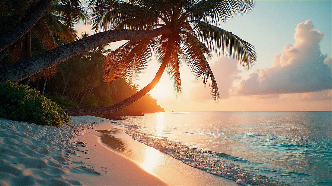 Playa tropical al atardecer con palmeras