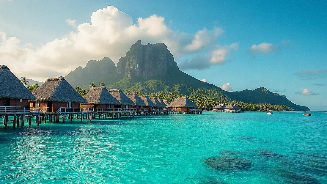 Laguna turquesa con bungalows sobre el agua en Bora Bora