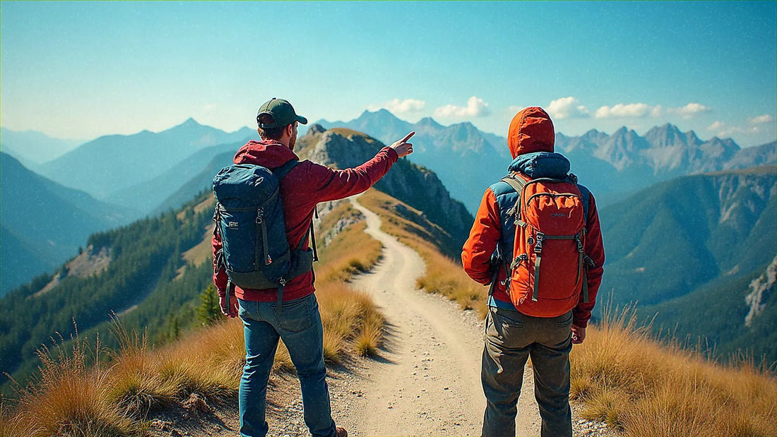 Dos viajeros en una encrucijada eligiendo caminos diferentes