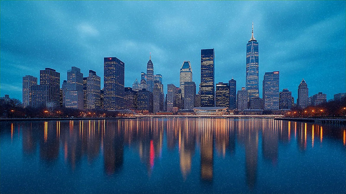 Perfil de una ciudad americana reflejado en el agua
