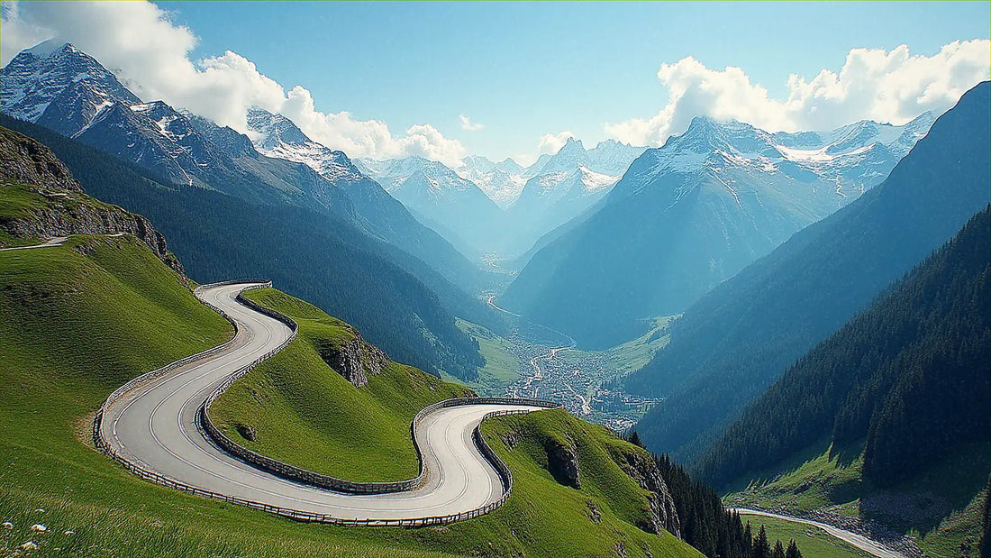 Carretera de montaña serpenteante en los Alpes europeos