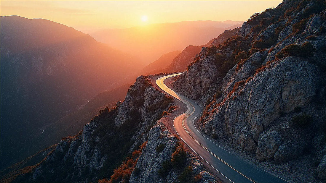 Carretera de montaña serpenteante al atardecer