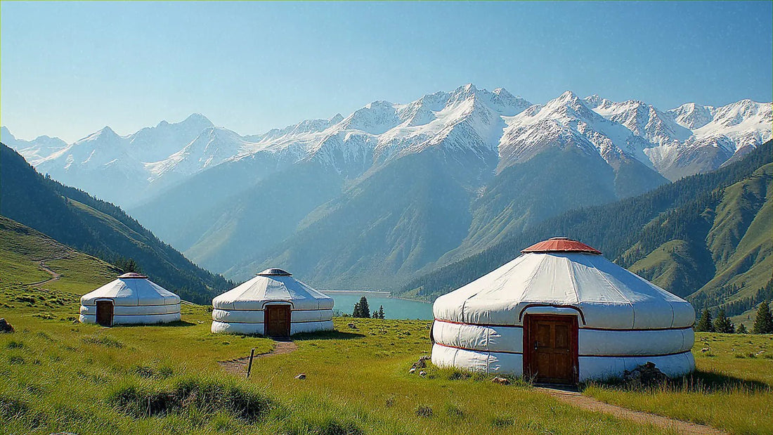 Campamento de yurtas tradicionales en montañas de Kirguistán
