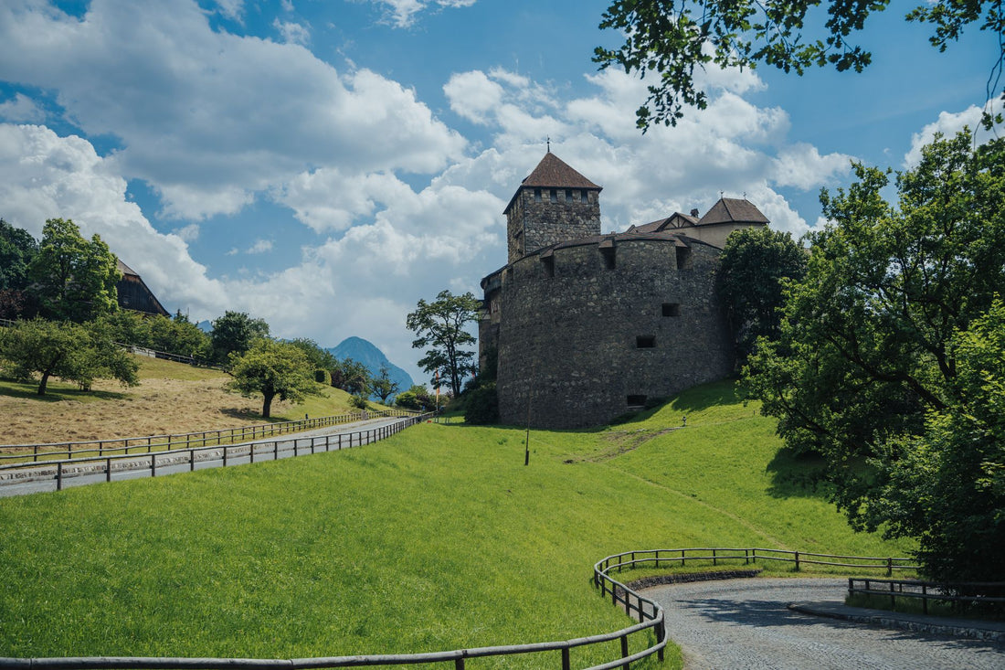 Viajera usando una eSIM para Liechtenstein con el castillo de Vaduz al fondo