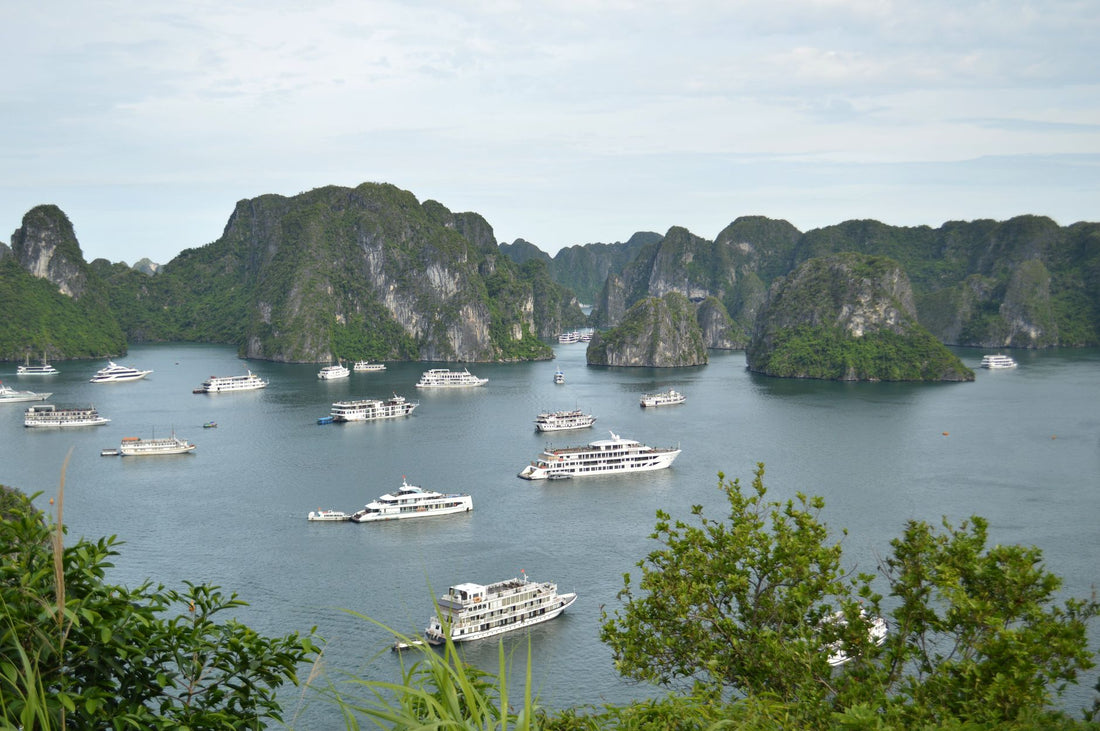 Mochilero usando una eSIM para Vietnam con vistas a la bahia de Ha Long