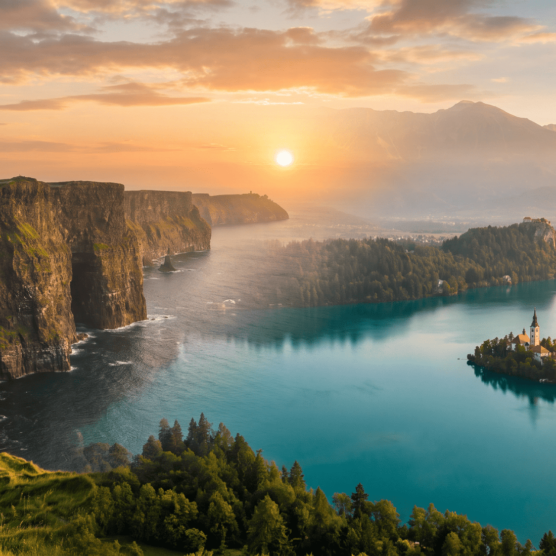 Paisaje de Irlanda y Eslovenia con cobertura 4G/5G de la eSIM de PuraSIM