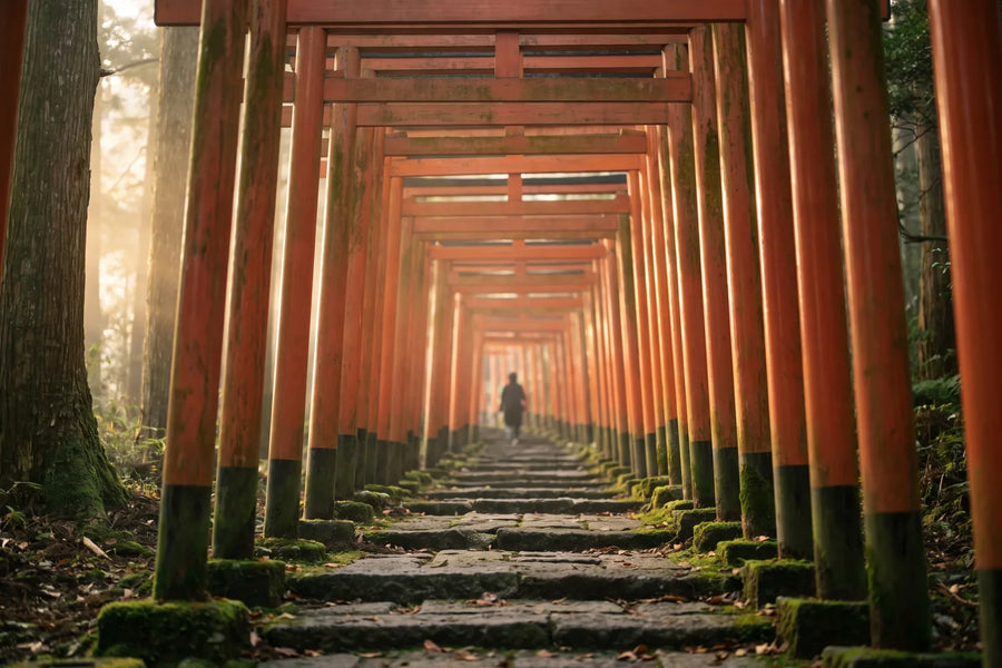 Túnel de puertas torii rojas entre niebla matinal en un sendero de piedra, escena japonesa para eSIM Japón